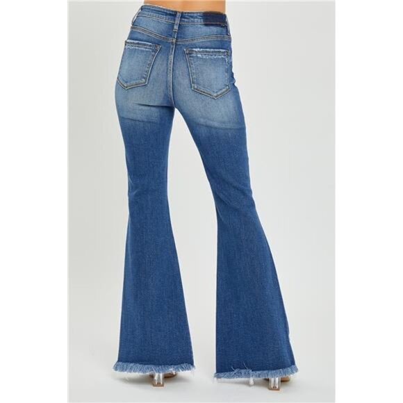 NWT RISEN High Rise Front Slit Frayed Hem Flare Jeans, Some Stretch, Distressed - Picture 2 of 6